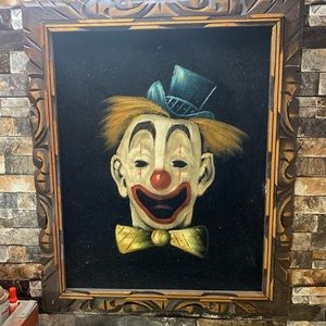 Vintage 70’s Felt Clown painting Hand Carved frame.